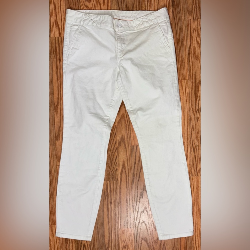 Tory Burch White Slim Jeans Sz 32 Logo Button Cross Belt Loops Stretch Denim